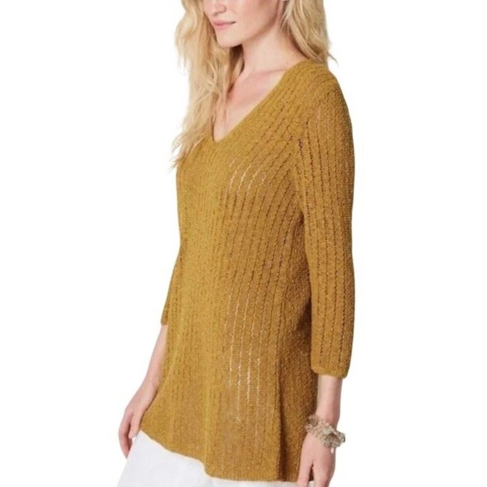 J. Jill Textured Gilded Coin Open Stitch Knit V Neck Sweater Top Mustard XL